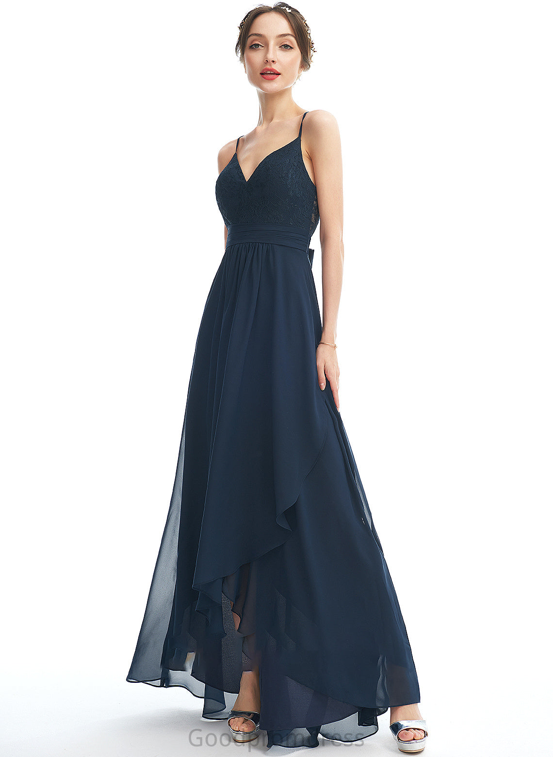 Lace Bow(s) Fabric V-neck Length Asymmetrical Neckline A-Line Embellishment Silhouette Kamryn Bridesmaid Dresses