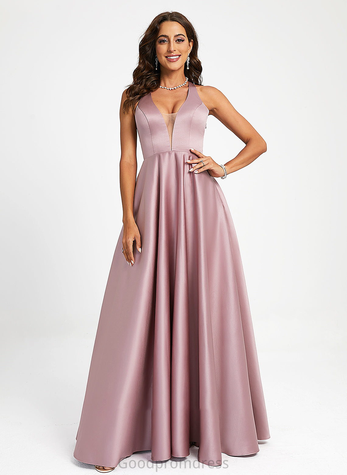 Aniyah Prom Dresses Satin A-Line V-neck Floor-Length