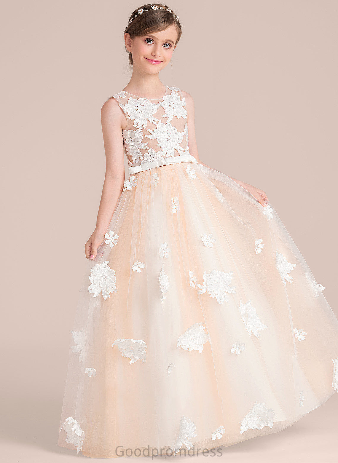 Ball-Gown/Princess Junior Bridesmaid Dresses Tulle Neck Flower(s) With Bow(s) Floor-Length Karsyn Scoop