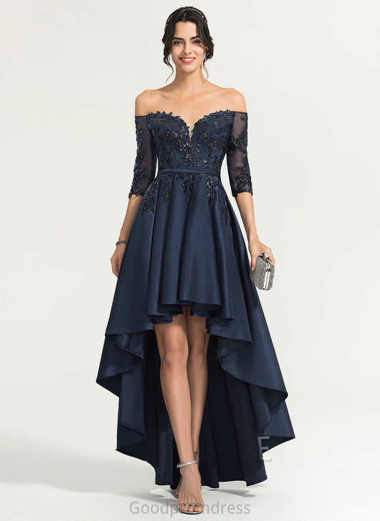 Asymmetrical Satin Lace Prom Dresses A-Line Off-the-Shoulder Hortensia