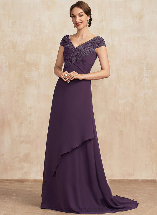 With Sweep Bride Mother of the Bride Dresses Ruffle of Dress V-neck Mother the Train Elle Lace A-Line Beading Chiffon