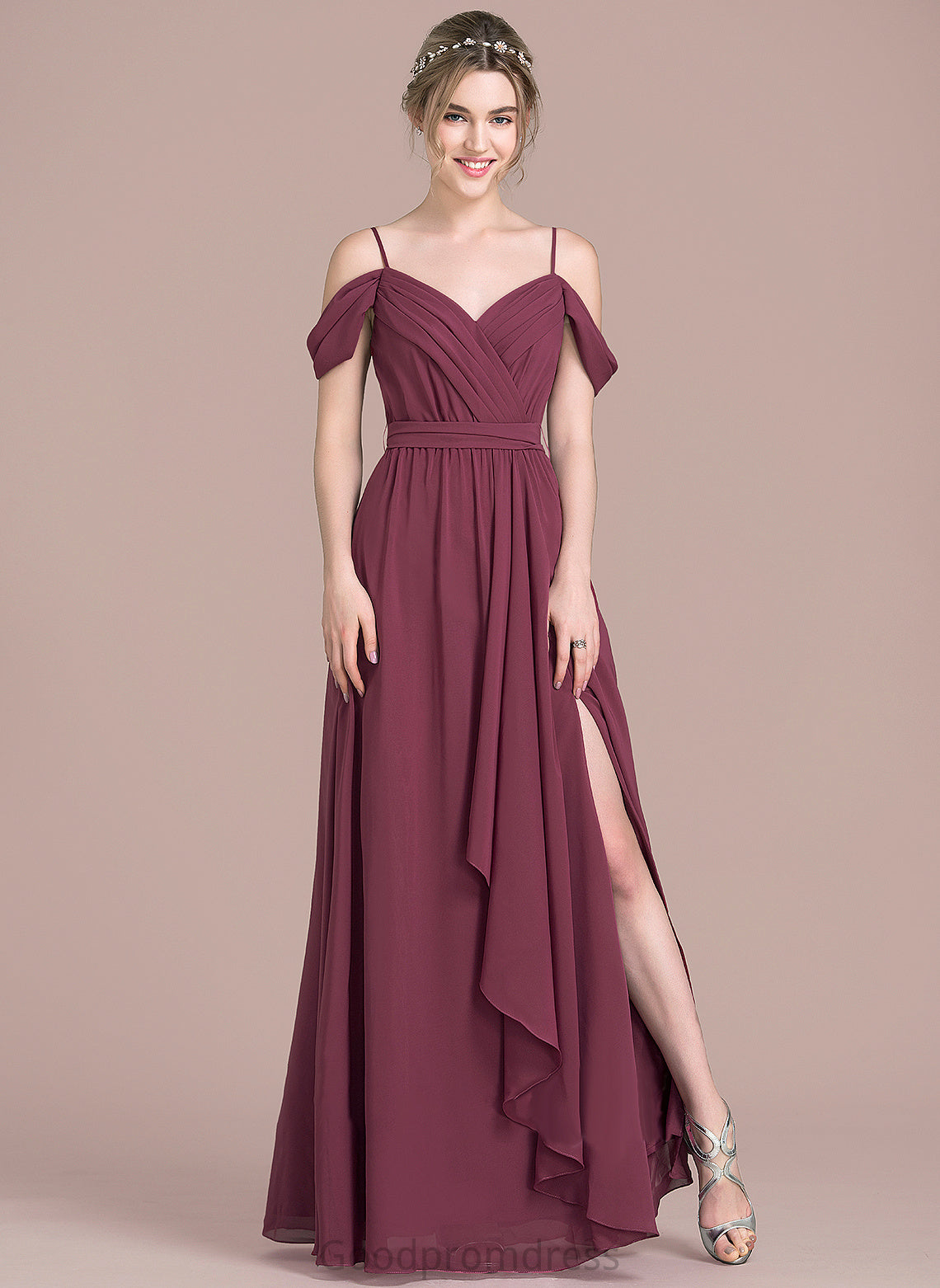 Front Ruffles V-neck Floor-Length Bow(s) A-Line Chiffon Prom Dresses With Cascading Luz Split