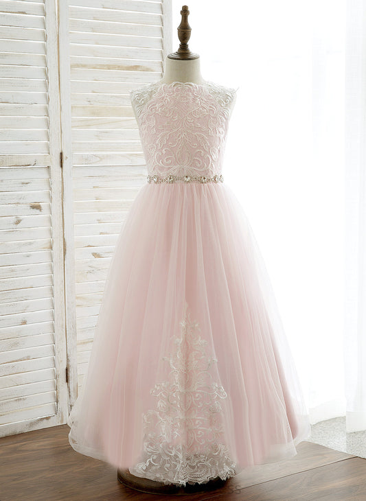 A-Line/Princess - With Neck Ankle-length Rhinestone Tulle/Lace Dress Flower Girl Dresses Sleeveless Dahlia Flower Girl Scoop