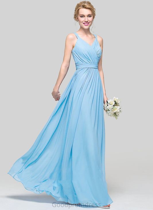 Floor-Length Neckline Length Bow(s) A-Line Fabric V-neck Ruffle Embellishment Silhouette Emily Floor Length Bridesmaid Dresses