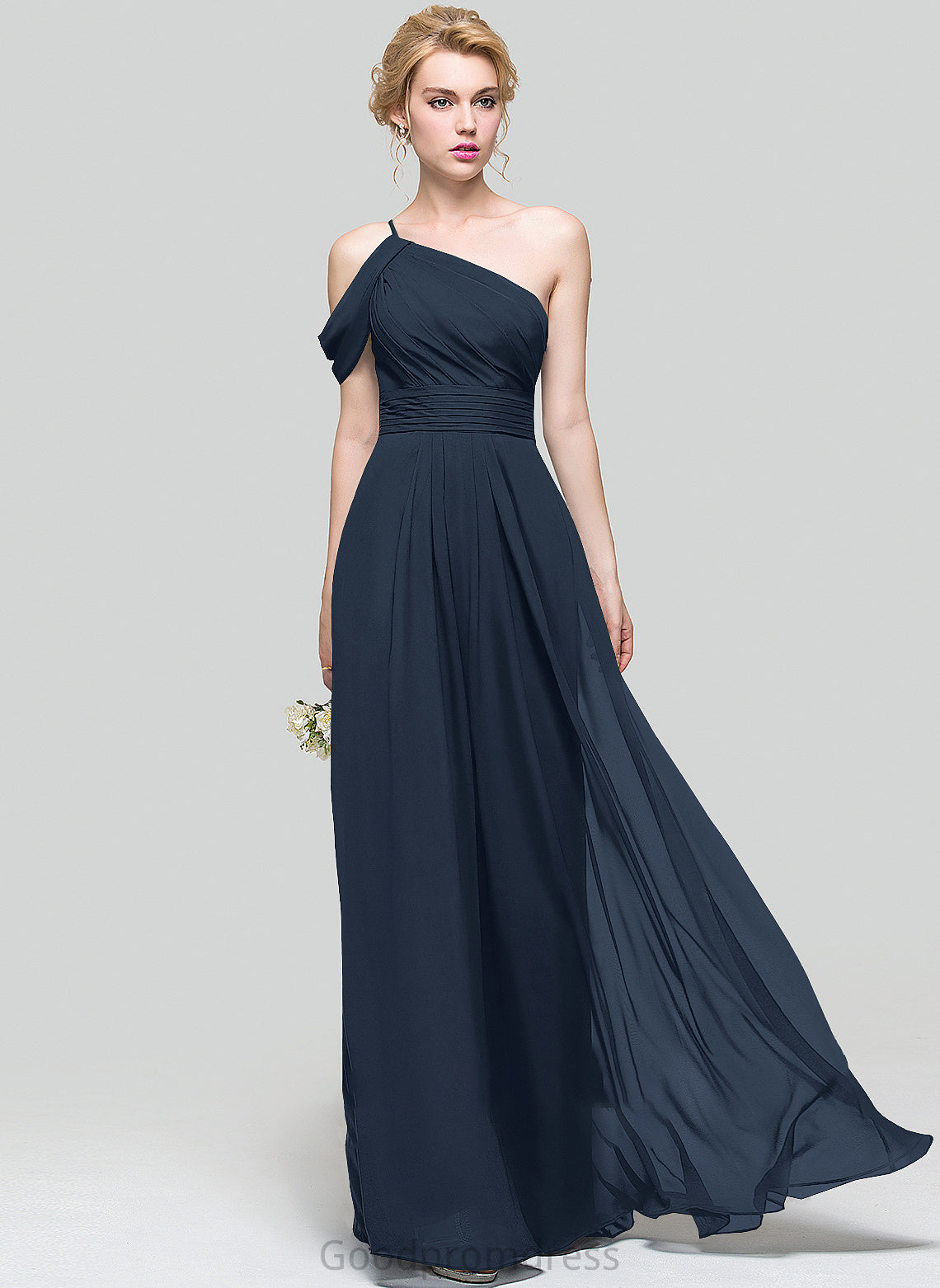 Silhouette Neckline A-Line Fabric Length Floor-Length Embellishment One-Shoulder Ruffle Hayley Natural Waist A-Line/Princess Bridesmaid Dresses