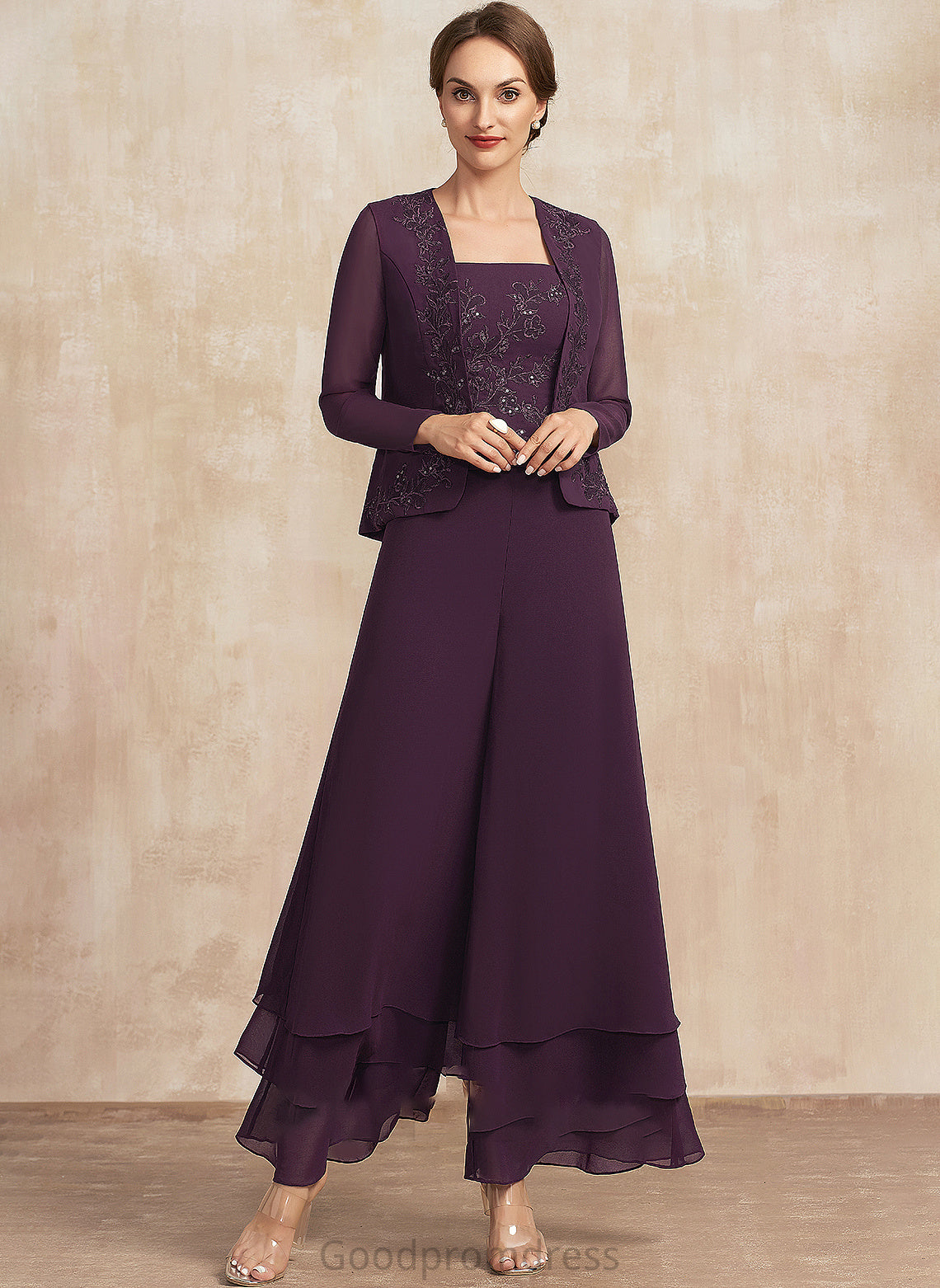 of Jumpsuit/Pantsuit Neckline the Mother of the Bride Dresses Annalise Ankle-Length Sequins Bride Square With Mother Chiffon Dress Lace