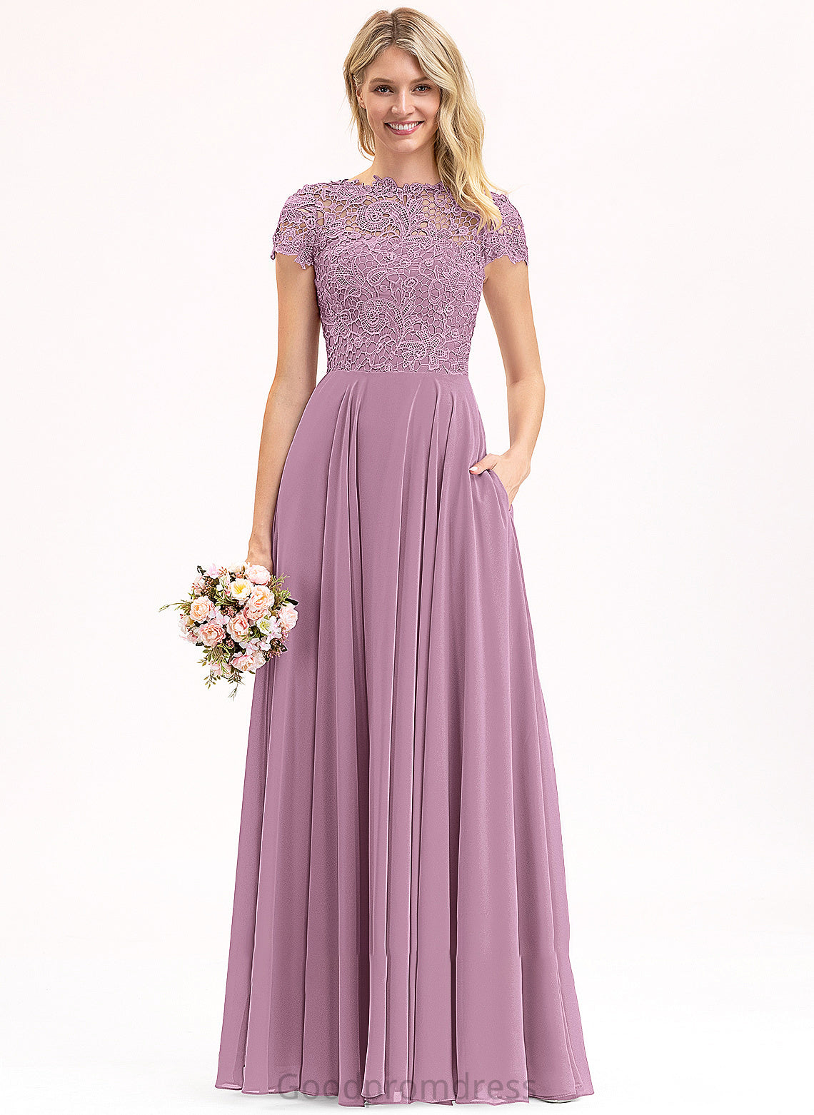 Scoop Floor-Length Pockets With A-Line Neck Liz Chiffon Prom Dresses Lace