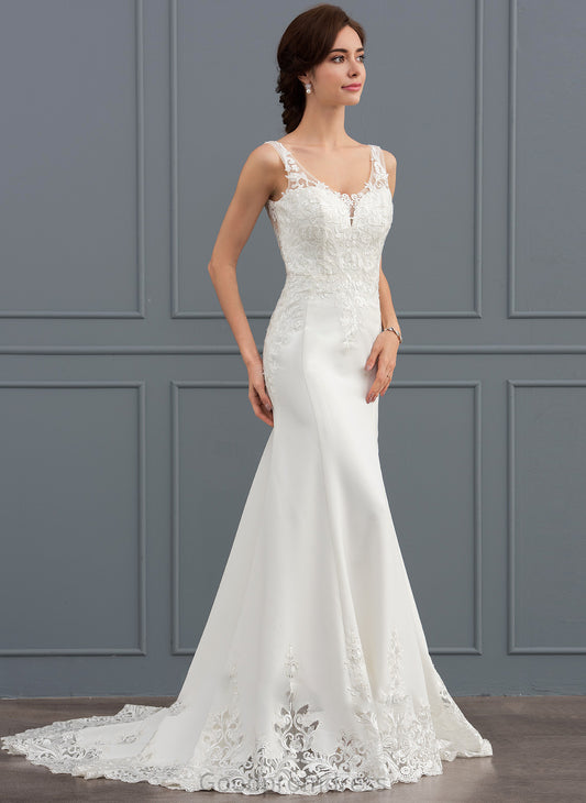 Dress Wedding Dresses V-neck Sequins Chasity Court Crepe Trumpet/Mermaid Stretch Train Wedding Lace With