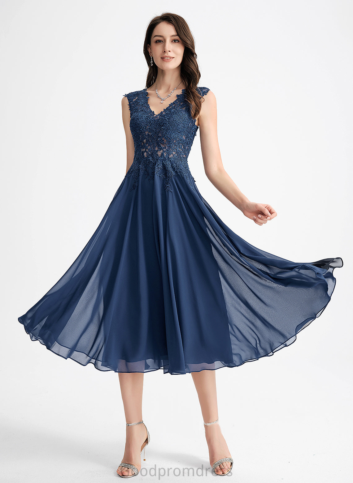 A-Line Cocktail Cocktail Dresses Lace Itzel Chiffon V-neck Tea-Length Dress