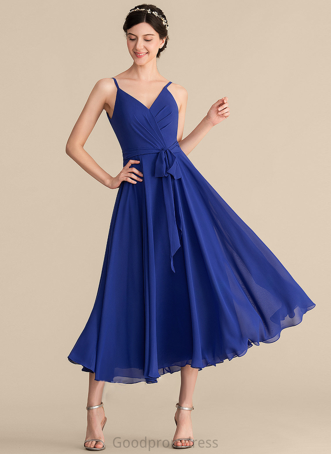 A-Line Embellishment Length Bow(s) Fabric Neckline Silhouette V-neck Tea-Length Ruffle Addyson Natural Waist Bridesmaid Dresses