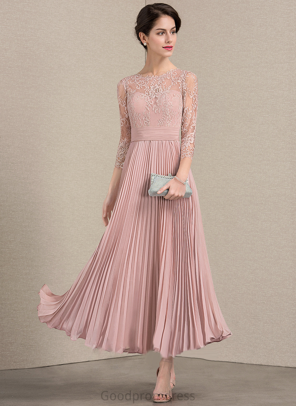 With Pleated Chiffon A-Line of Dress Ankle-Length Lace the Neck Mother Scoop Bride Kimberly Mother of the Bride Dresses