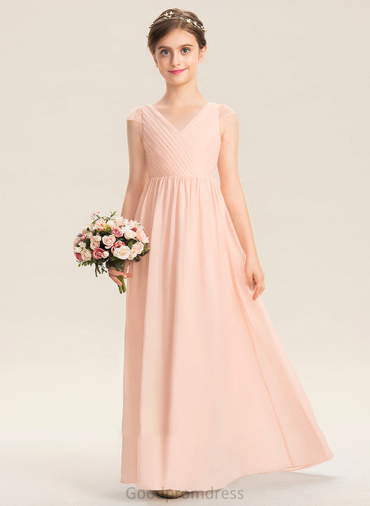 With A-Line Lace V-neck Chiffon Floor-Length Addyson Ruffle Junior Bridesmaid Dresses