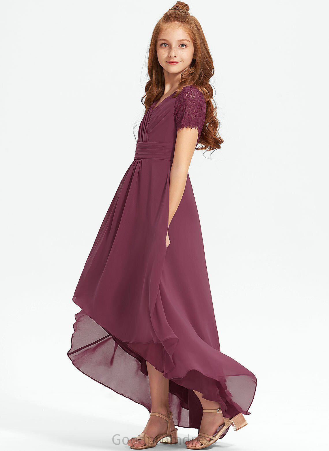 Asymmetrical Junior Bridesmaid Dresses Chiffon A-Line Ruffle Izabella With Lace V-neck