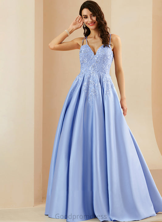 Beading Ball-Gown/Princess Prom Dresses Reese Sequins V-neck Floor-Length With Satin