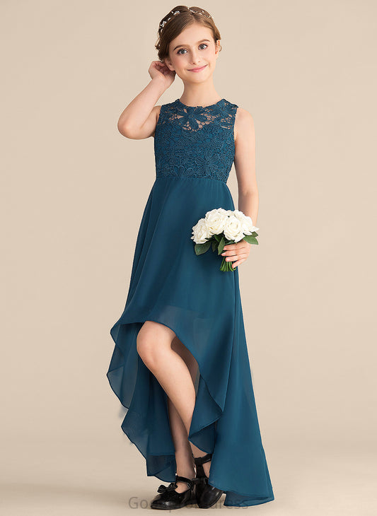 Junior Bridesmaid Dresses Scoop Lace Neck Asymmetrical Nicky A-Line Chiffon