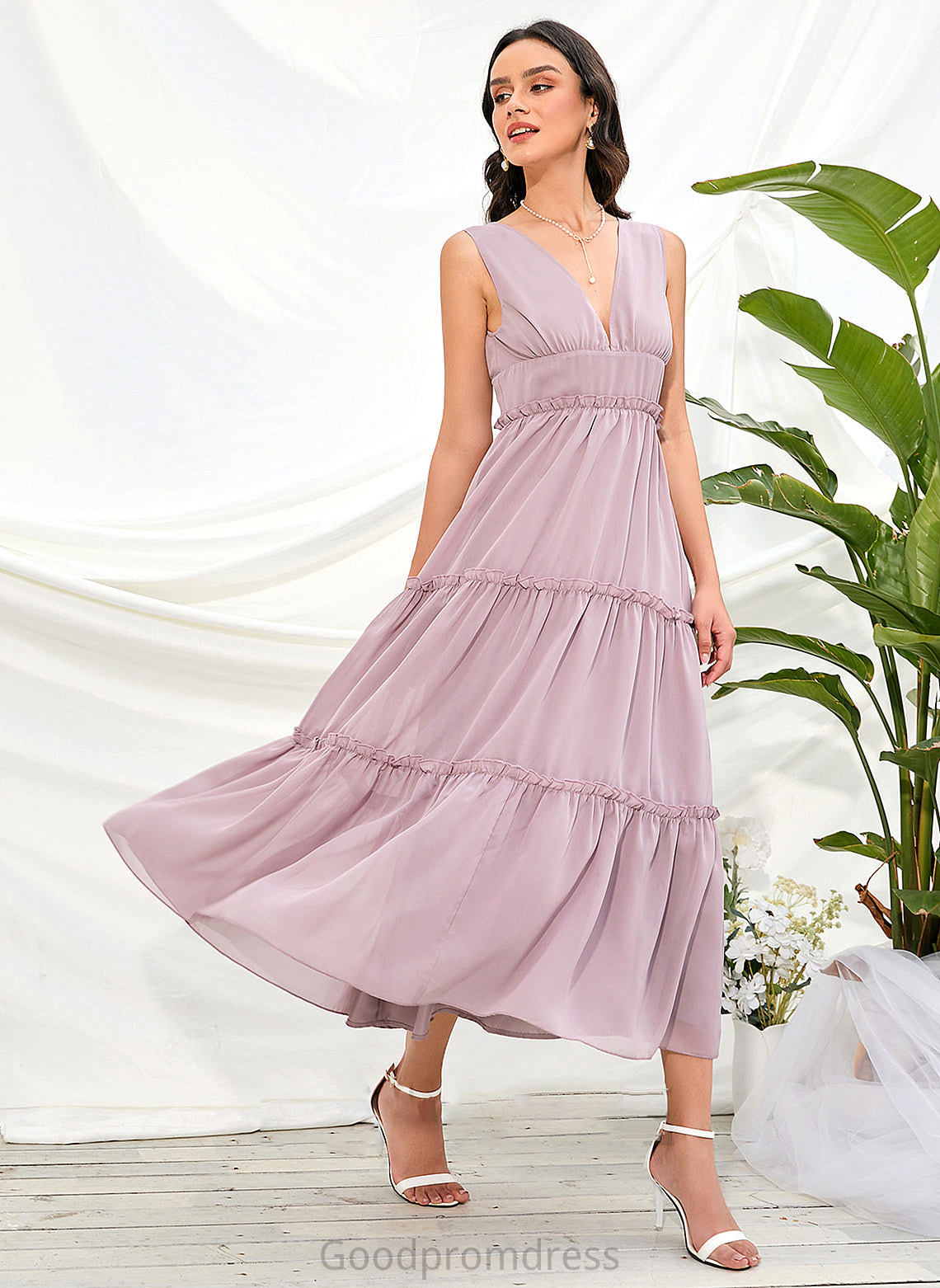 V-neck Length Silhouette Tea-Length Neckline Fabric Polyester Straps A-Line Lindsay Sleeveless A-Line/Princess Bridesmaid Dresses