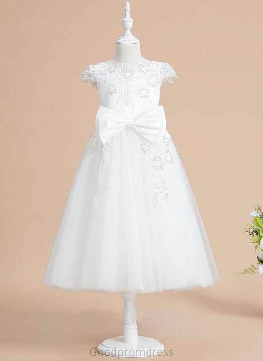 Girl - Short Flower Girl Dresses Tea-length Sleeves Flower Scoop With Dress Tulle/Lace Neck A-Line Paloma Sequins/Bow(s)