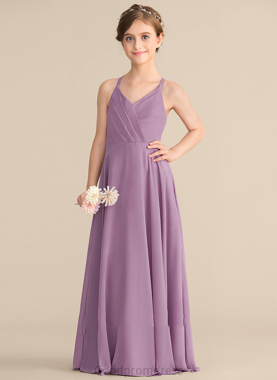 Floor-Length Junior Bridesmaid Dresses Chiffon A-Line Anya Cascading Ruffles With V-neck