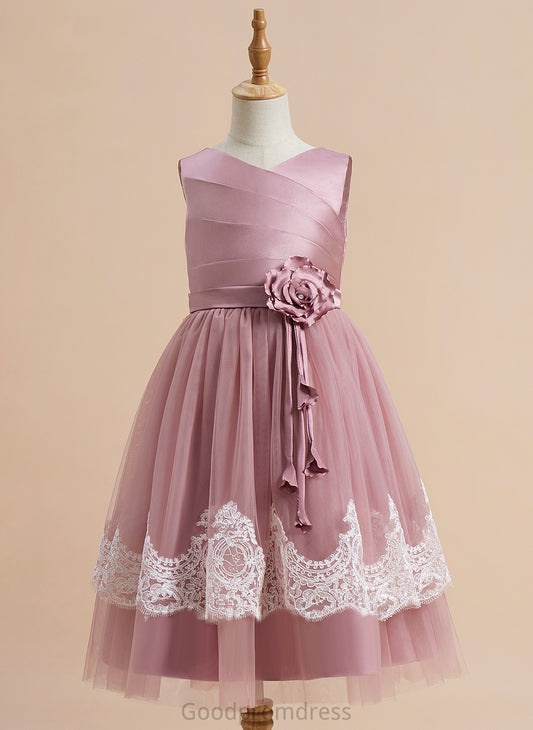 Satin/Tulle Knee-length Lace/Flower(s)/Bow(s)/Pleated/V Dress Emmy - Flower V-neck Back Sleeveless A-Line Girl With Flower Girl Dresses