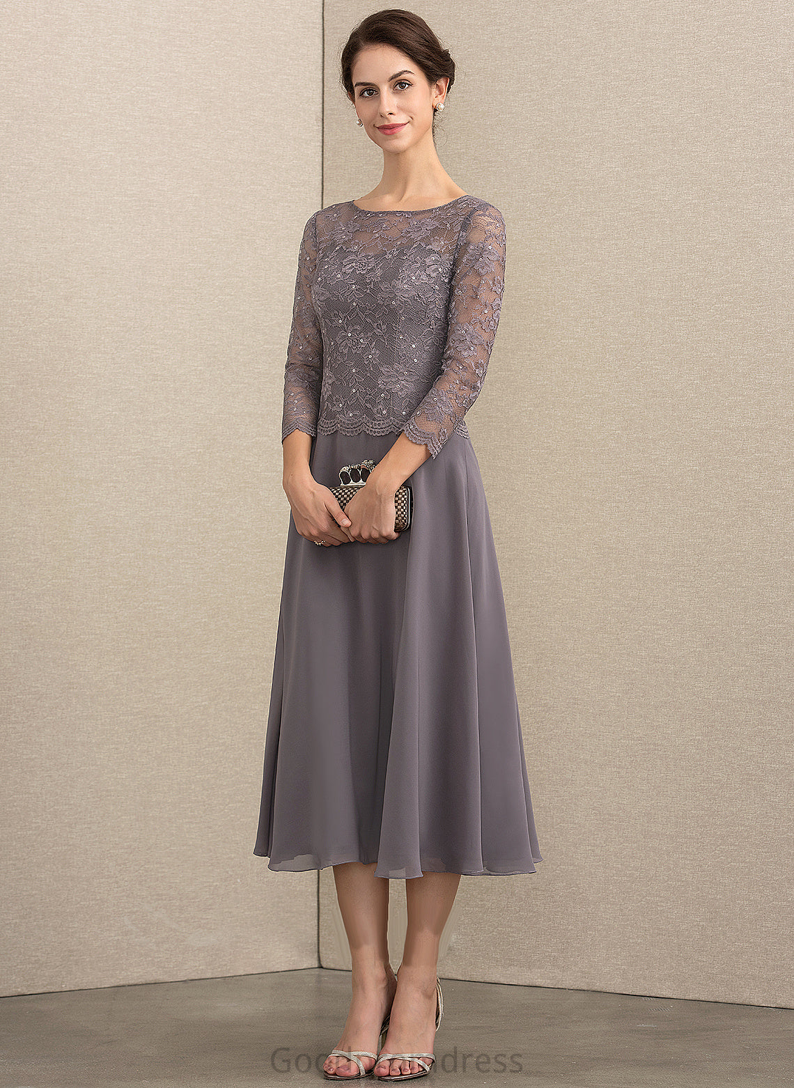 Scoop Lace Mother Tea-Length Mother of the Bride Dresses Sequins Chiffon Neck A-Line Rebekah With the Bride of Dress