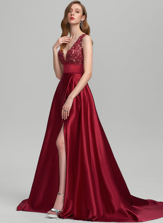 Sequins Satin Sweep Train V-neck Ball-Gown/Princess With Beryl Lace Prom Dresses