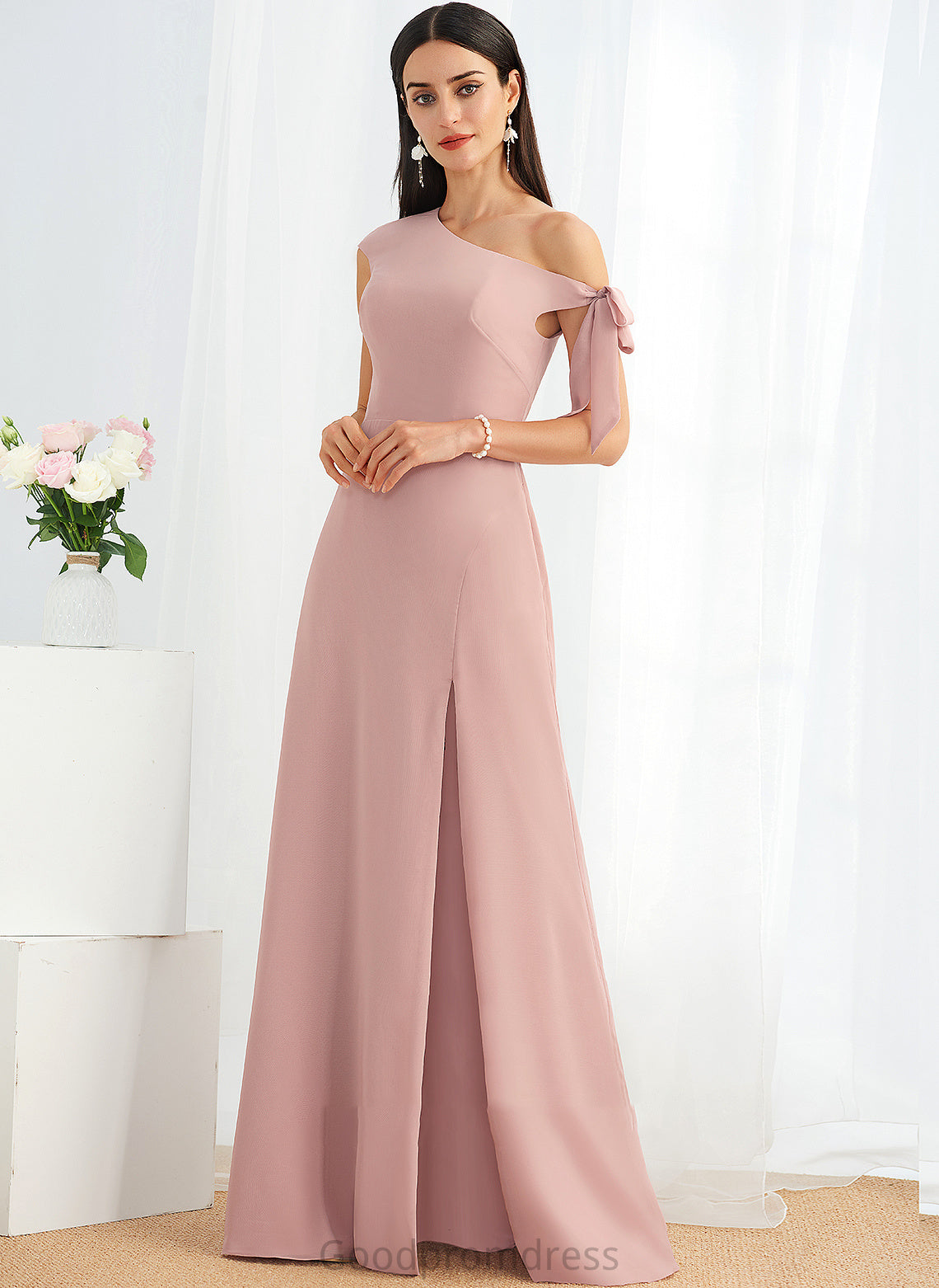 Silhouette Embellishment Bow(s) Length A-Line Neckline One-Shoulder Floor-Length Fabric Cheyenne Natural Waist A-Line/Princess Bridesmaid Dresses