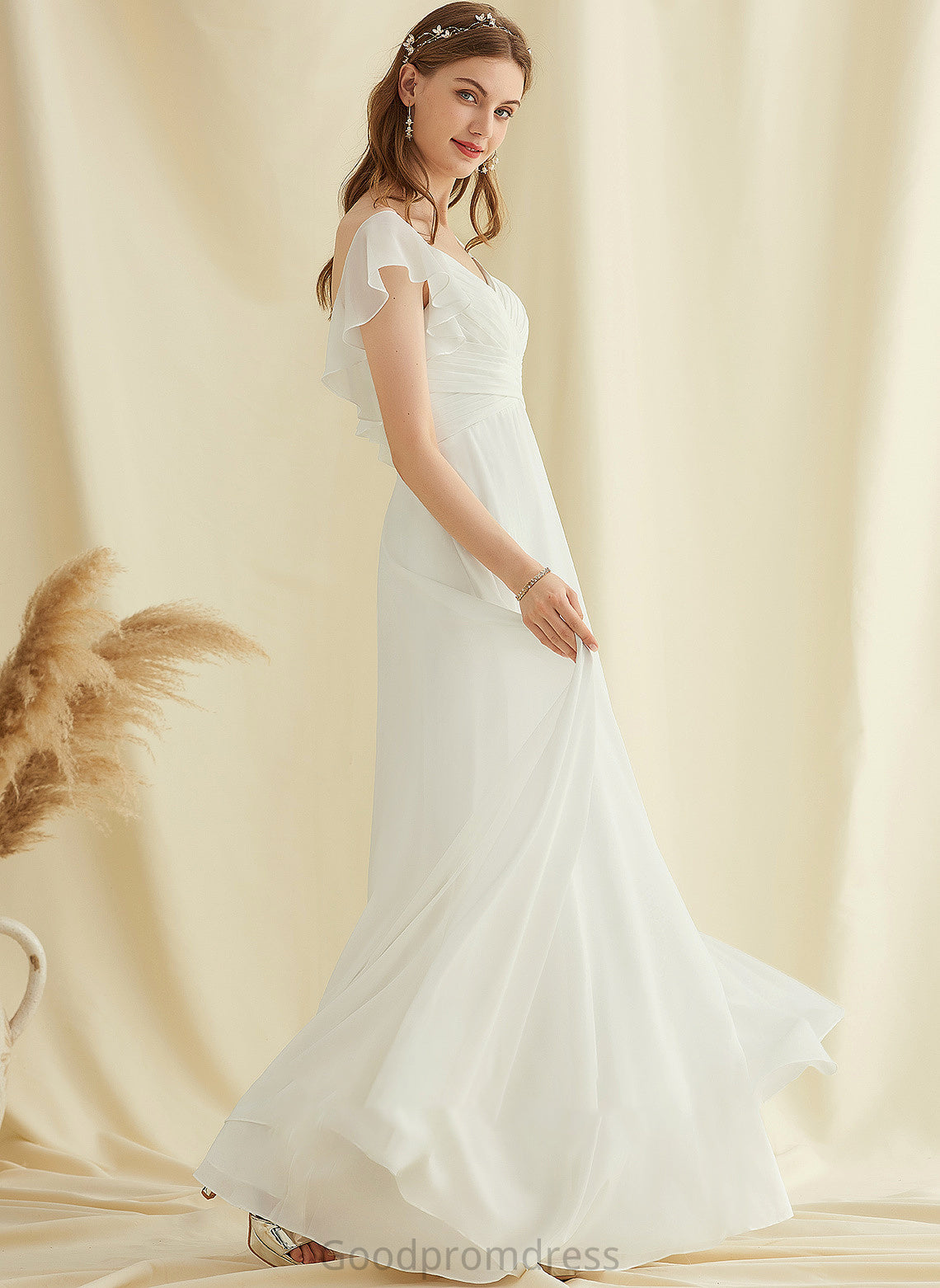 Keyla Wedding Dresses Wedding With Floor-Length V-neck Ruffle A-Line Dress Chiffon