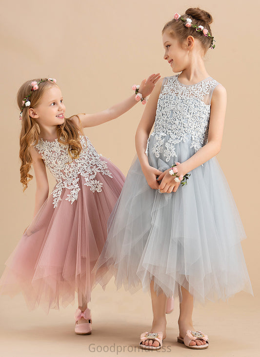 A-Line Dress Scoop Girl Flower Girl Dresses Flower Tea-length Tulle/Lace Sleeveless Edith - Neck