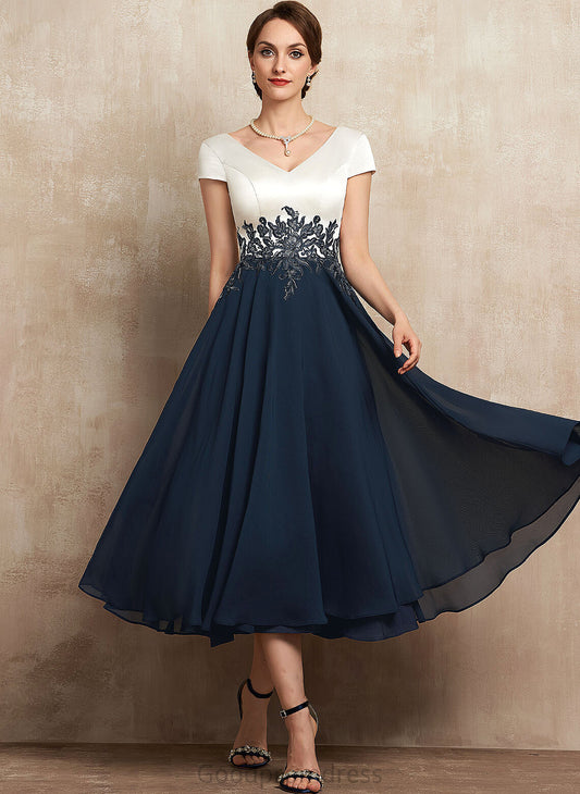 V-neck Mother of the Bride Dresses A-Line Tea-Length Mother Crystal Bride the Lace of Dress Chiffon