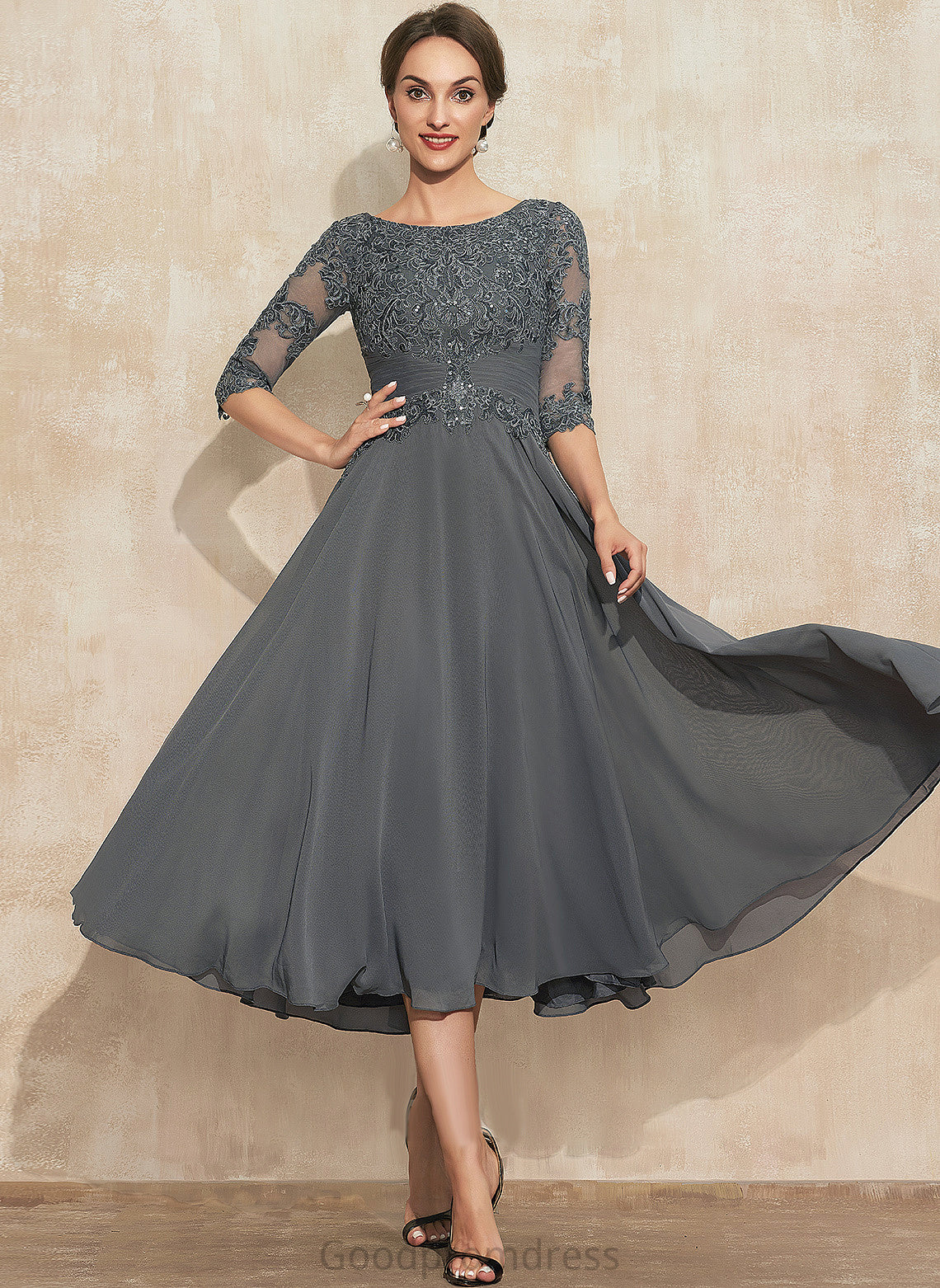 Tea-Length of Scoop Lace Dress Chiffon With Tina A-Line Mother Neck Bride Sequins the Mother of the Bride Dresses