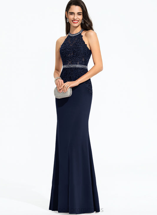 Angela Sequins Beading Sheath/Column Floor-Length Scoop Prom Dresses Neck With Jersey