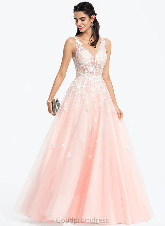 Prom Dresses Tulle Beading Stephanie Floor-Length V-neck Lace With Ball-Gown/Princess Sequins