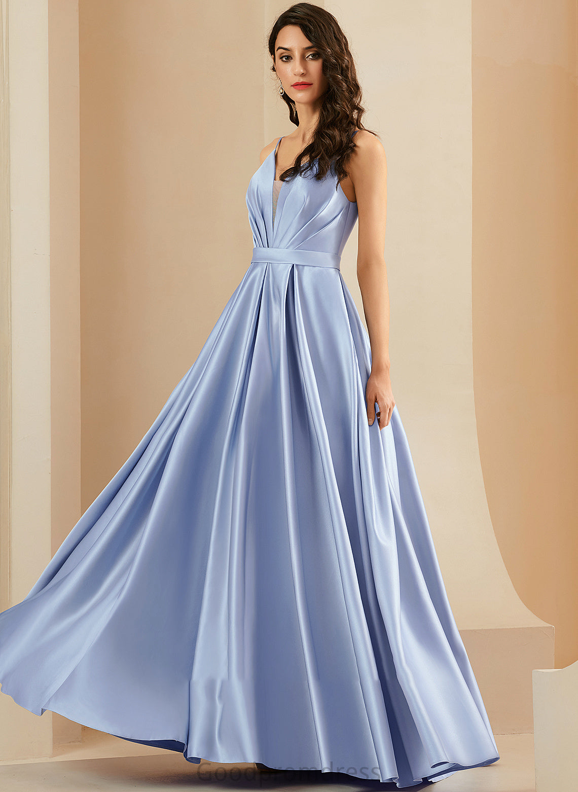 Floor-Length Prom Dresses Ball-Gown/Princess V-neck With Satin Miley Ruffle Pockets