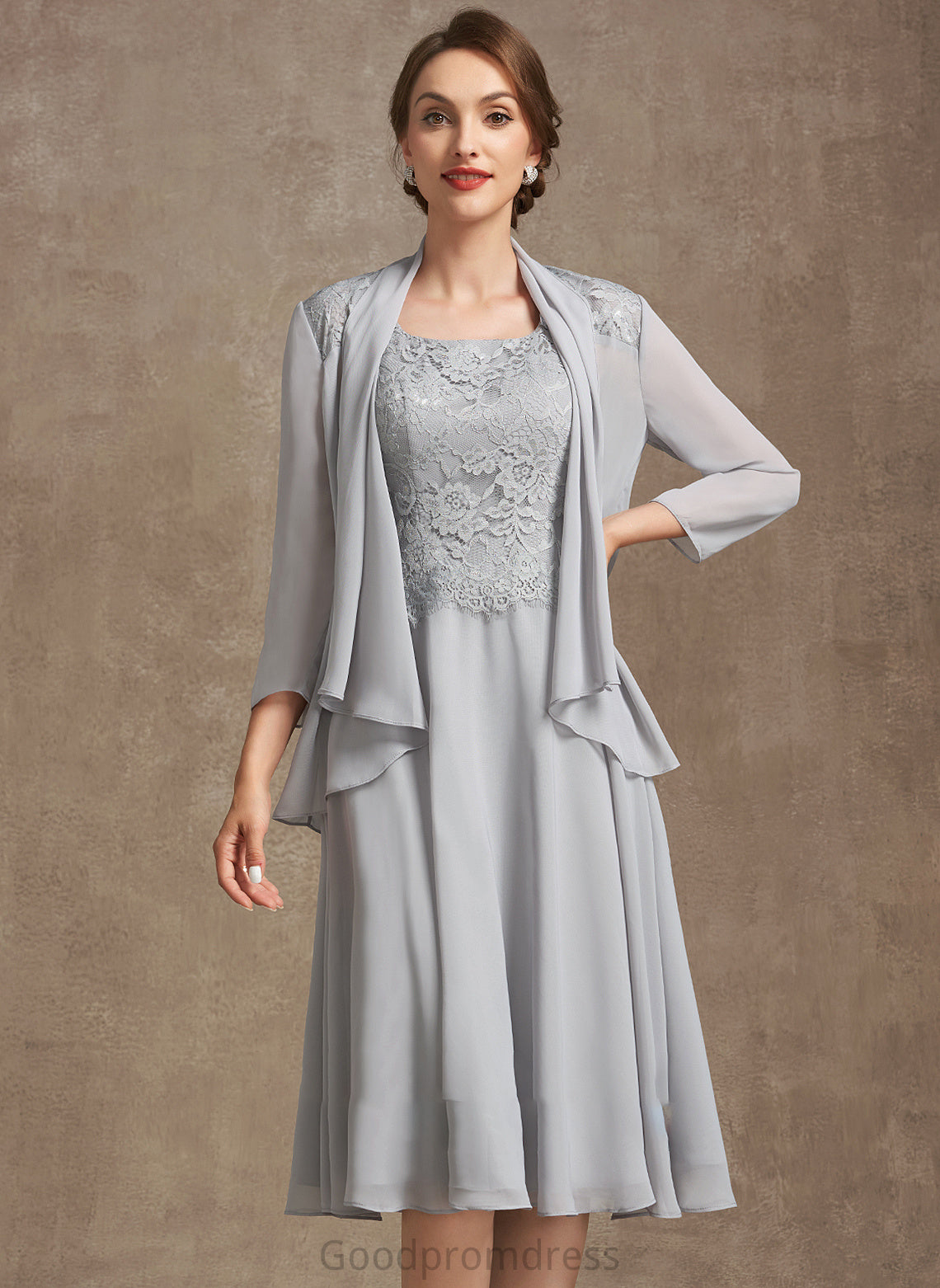 Dress Bride A-Line Neckline Mother of the Bride Dresses the Square Lace Mother of Chiffon Greta Knee-Length