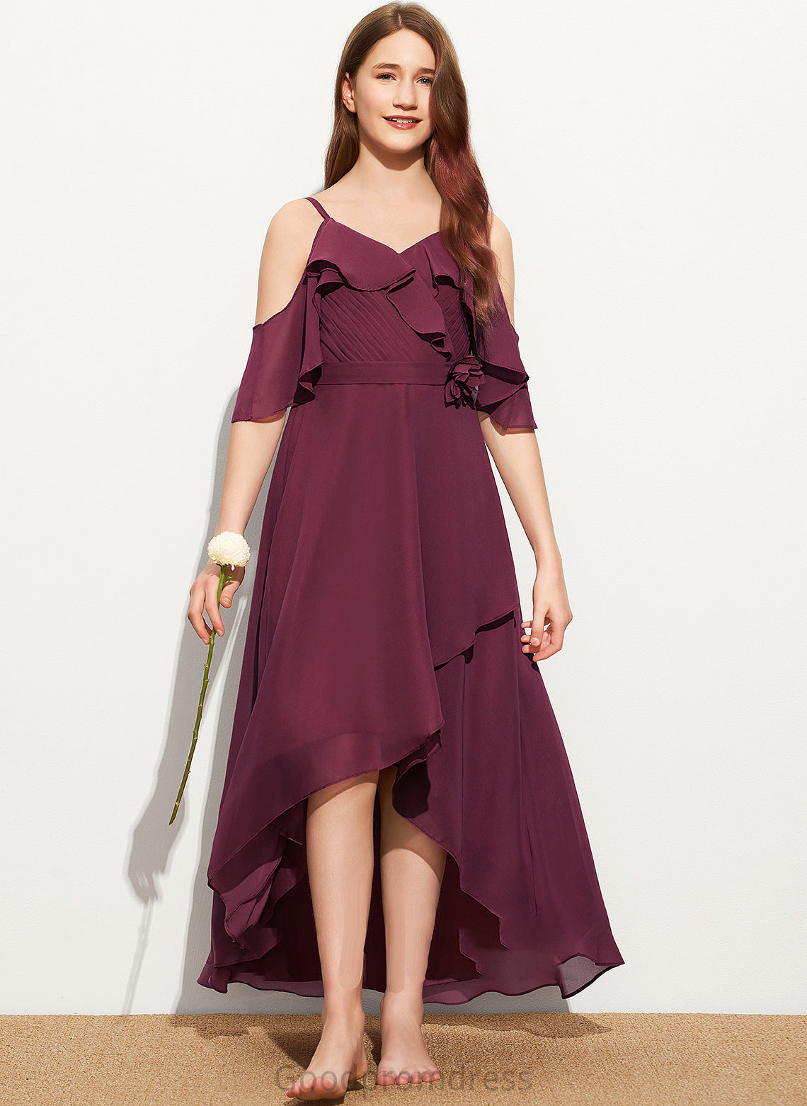 With Off-the-Shoulder Junior Bridesmaid Dresses Cascading Chiffon Kaylen Asymmetrical Ruffles A-Line