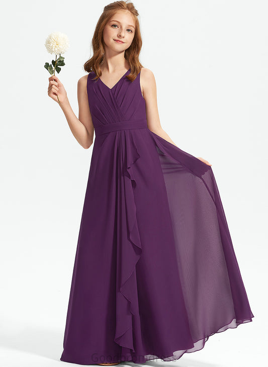 Floor-Length Ruffles A-Line Junior Bridesmaid Dresses With Chiffon Camila V-neck