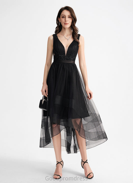 V-neck A-Line Cocktail Dresses With Asymmetrical Dress Tulle Cocktail Sequins Lace Jaylah