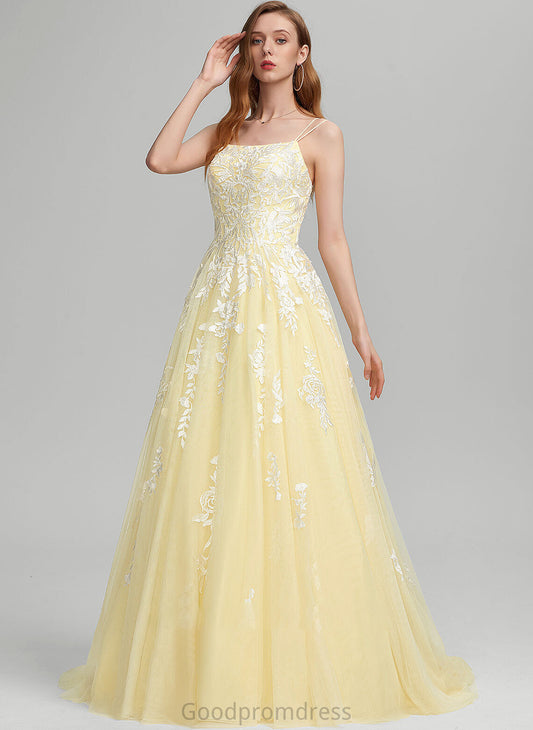 Ball-Gown/Princess Square Sweep Neckline Prom Dresses Madyson Train Tulle