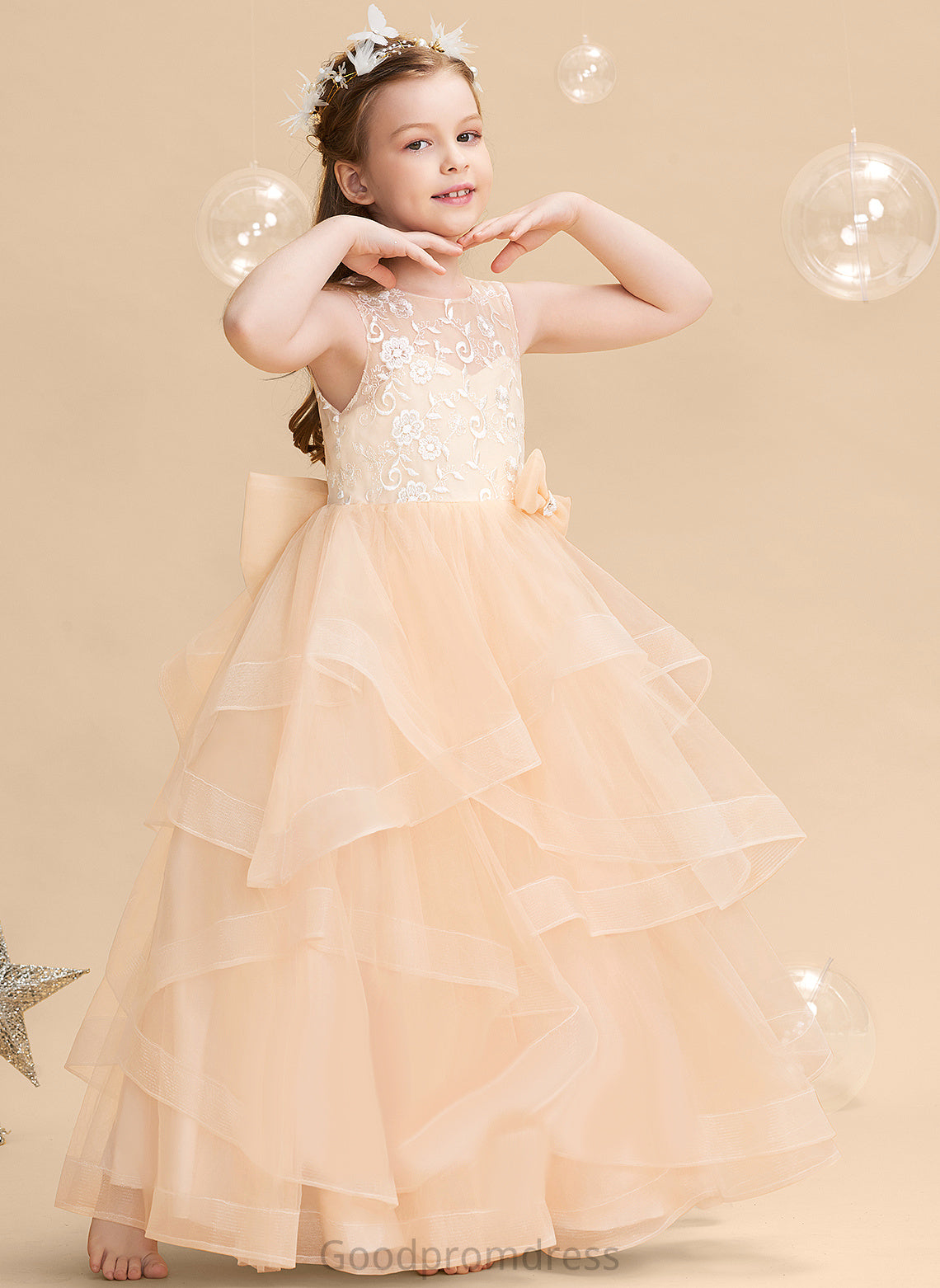 Dress Back Floor-length With Ball-Gown/Princess - Flower Girl Dresses Scalloped Emilee Flower Girl Sleeveless Neck Tulle Lace/Flower(s)/Bow(s)/V