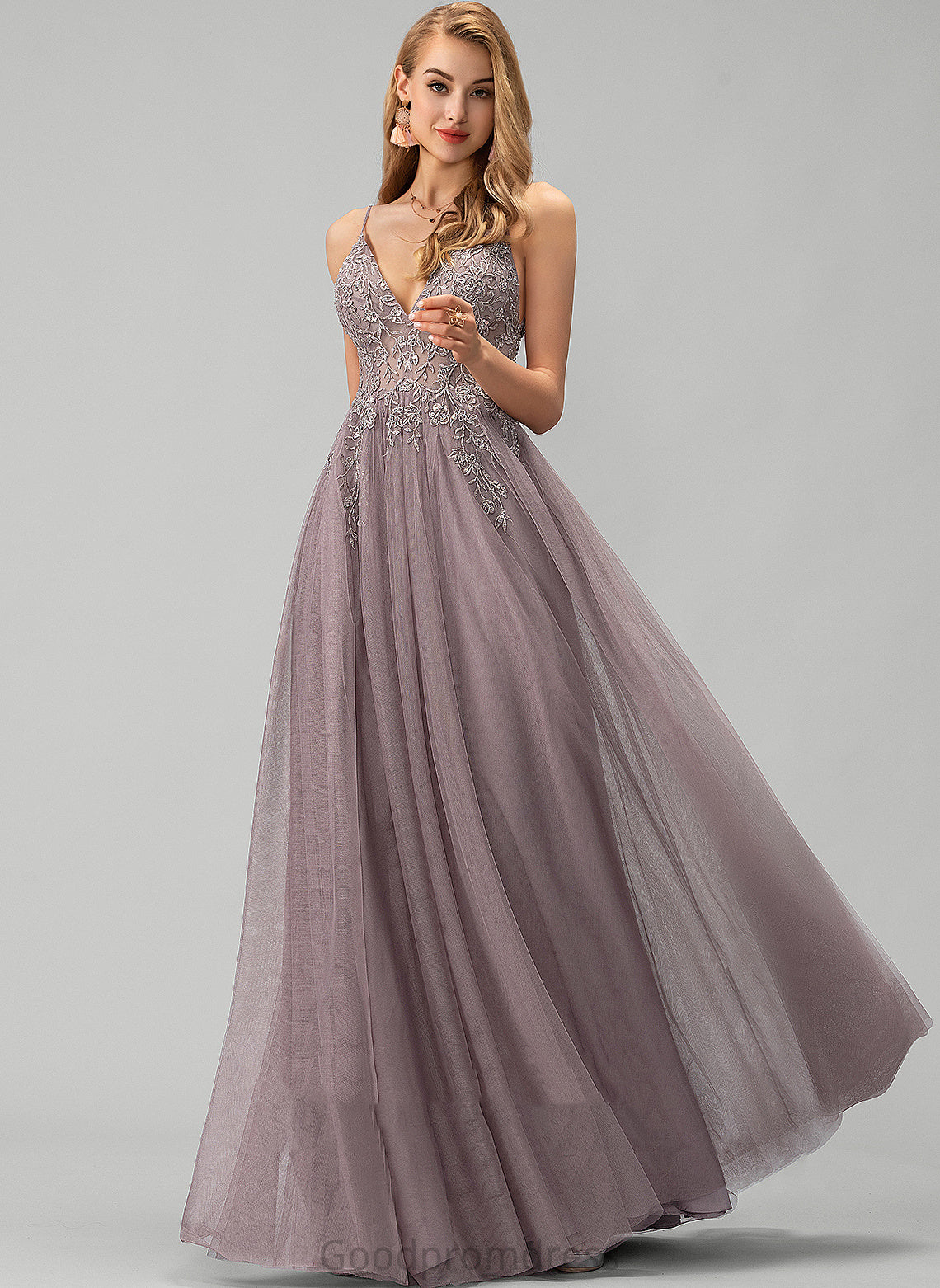 Kay Beading Sequins Lace With V-neck Tulle Floor-Length A-Line Prom Dresses