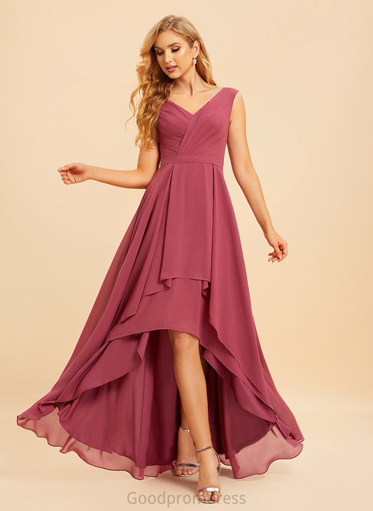 Length Ruffle Asymmetrical Neckline Embellishment V-neck Silhouette A-Line Fabric Helga Sleeveless Floor Length Bridesmaid Dresses