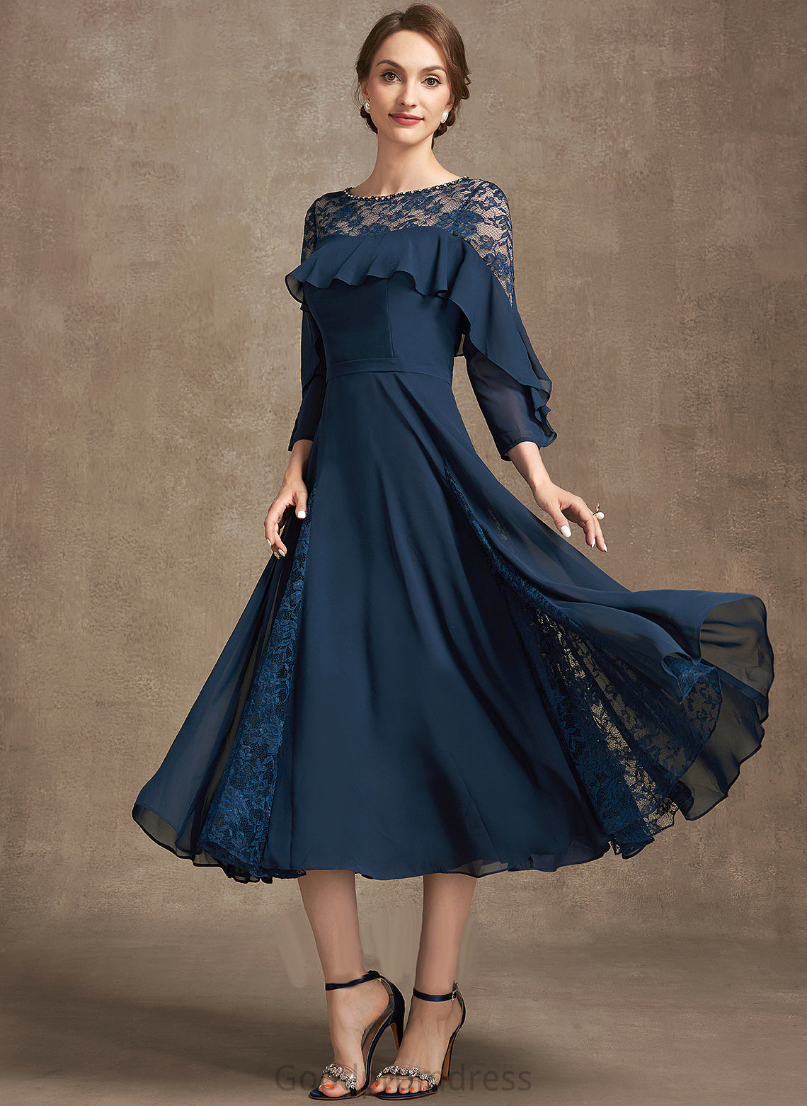 of Scoop A-Line the Neck Mother Tea-Length Beading Dress Bride Mother of the Bride Dresses With Ruffles Rowan Cascading Lace Chiffon