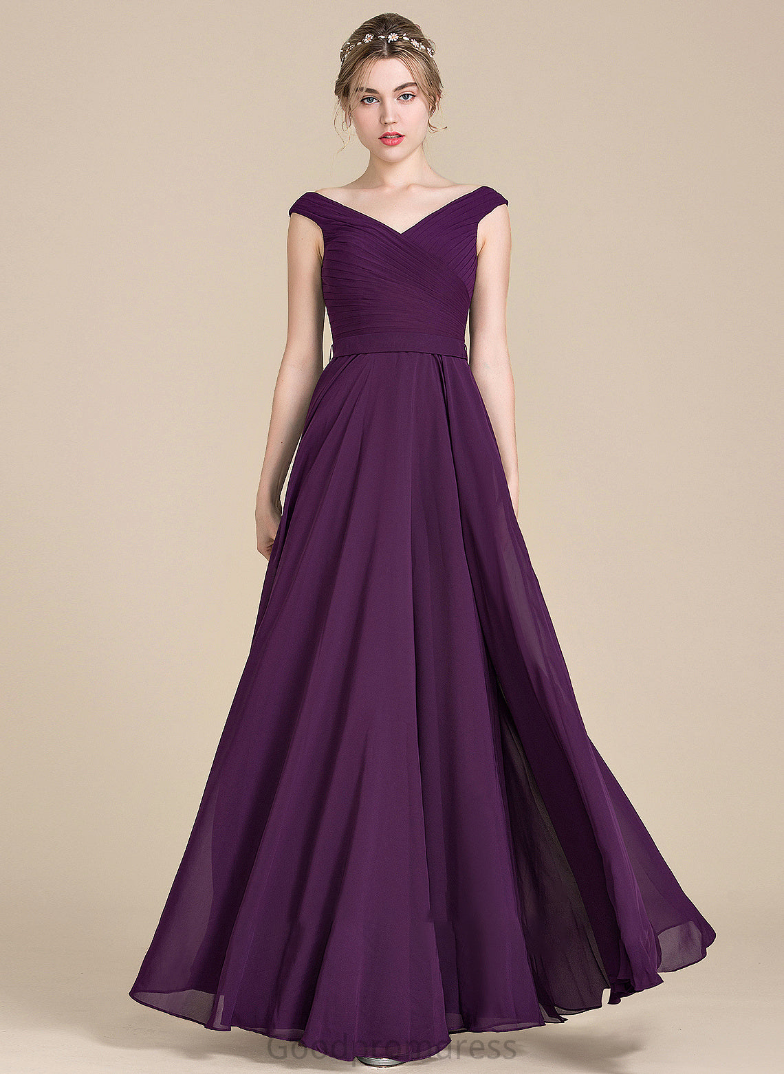 Floor-Length Prom Dresses With Annie Ruffle Chiffon A-Line Off-the-Shoulder