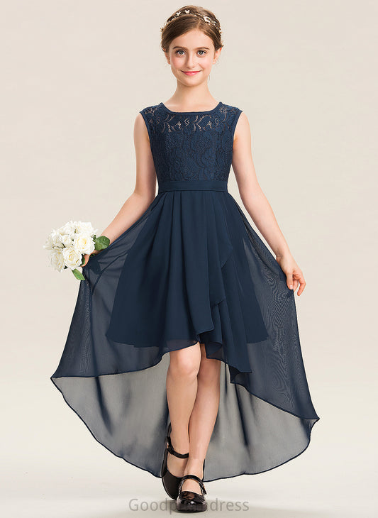 Lace Scoop Neck With Ruffles Cascading Asymmetrical Junior Bridesmaid Dresses Chiffon A-Line Bow(s) Amirah