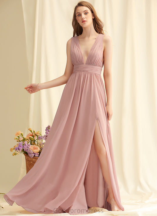 Floor-Length Length Fabric Silhouette SplitFront Neckline A-Line V-neck Embellishment Noelle V-Neck Natural Waist Bridesmaid Dresses