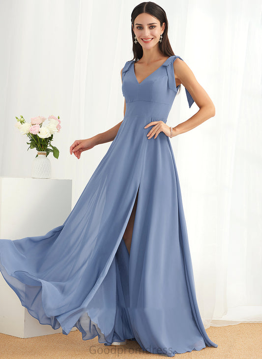 Length Floor-Length SplitFront V-neck Bow(s) Silhouette Neckline A-Line Fabric Embellishment Millie A-Line/Princess Bridesmaid Dresses