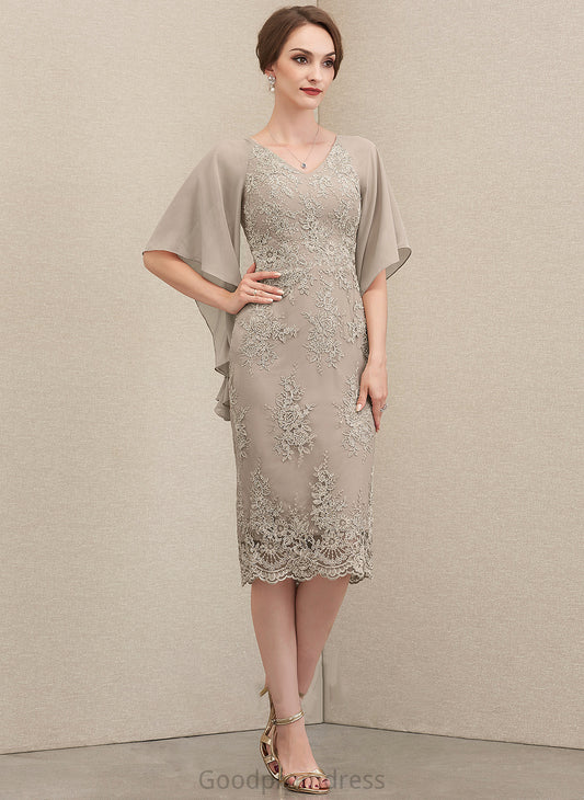 With Knee-Length Shiloh Sheath/Column Mother of the Bride Dresses Ruffles the Mother Chiffon Dress Lace of Cascading V-neck Bride