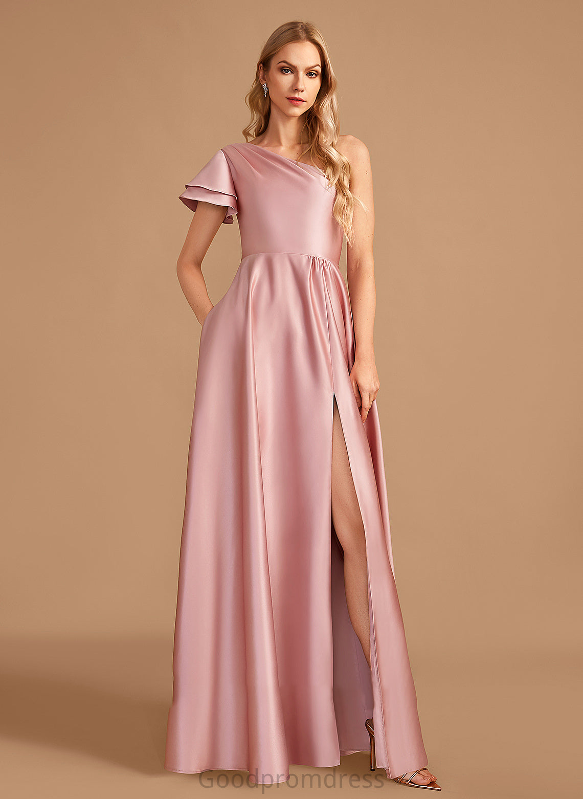 Neckline Fabric Floor-Length Embellishment Silhouette SplitFront Length One-Shoulder A-Line Catalina Floor Length Sleeveless Bridesmaid Dresses