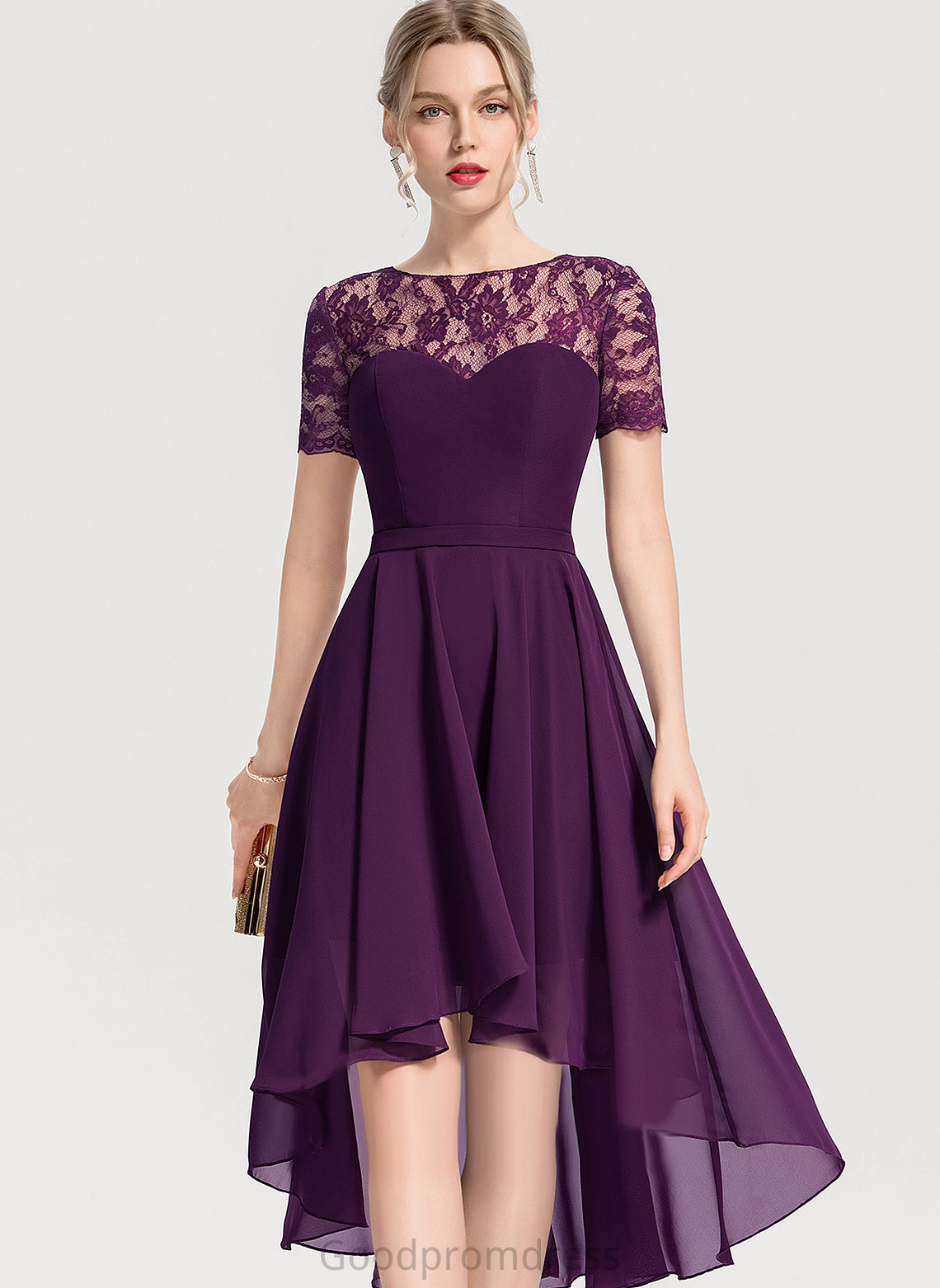 Silhouette Asymmetrical Neckline Straps&Sleeves Scoop Lace Length Fabric A-Line Gabriella Bridesmaid Dresses