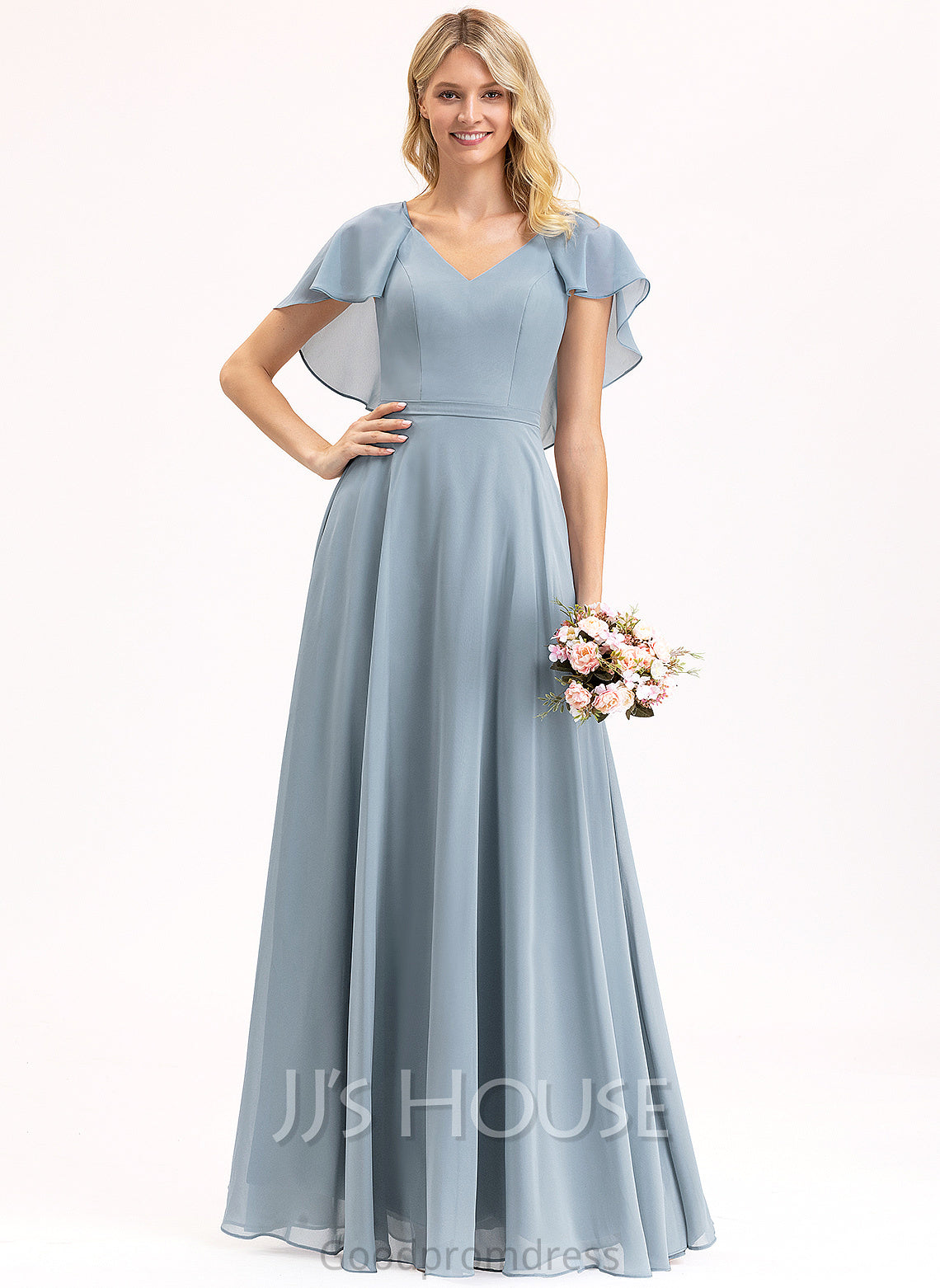 Silhouette Embellishment V-neck CascadingRuffles Neckline Floor-Length Length Fabric A-Line Kyleigh Sleeveless Floor Length Bridesmaid Dresses